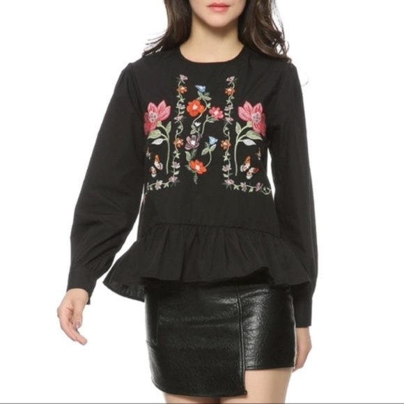 Black Long Sleeves Blouse with Embroidered Floral Design and Ruffled Hems - Picture 6 of 6